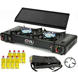 A placeholder image for for NJ DS-22 Double Camping Stove 2 Flame Gas Stove 5 KW + Grill Plate + 8 x Gas Cartridges + Phoenix Gas Hob Cross + Carry Bag 