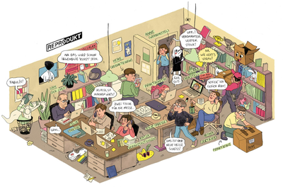 Eine Zeichnung, wie es im Büro von Reprodukt aussieht. Viele Menschen arbeiten an Schreibtischen.